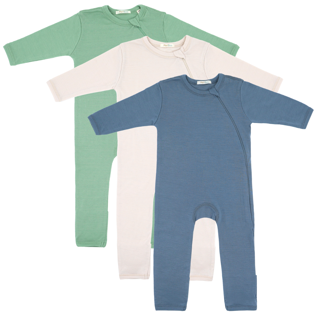 Set de 3 salopete din 100% lână merino fină certificată, cu fermoar lateral