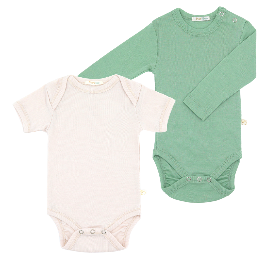 Set body cu mânecă lungă + body cu mânecă scurtă din 100% lână merino fină certificată