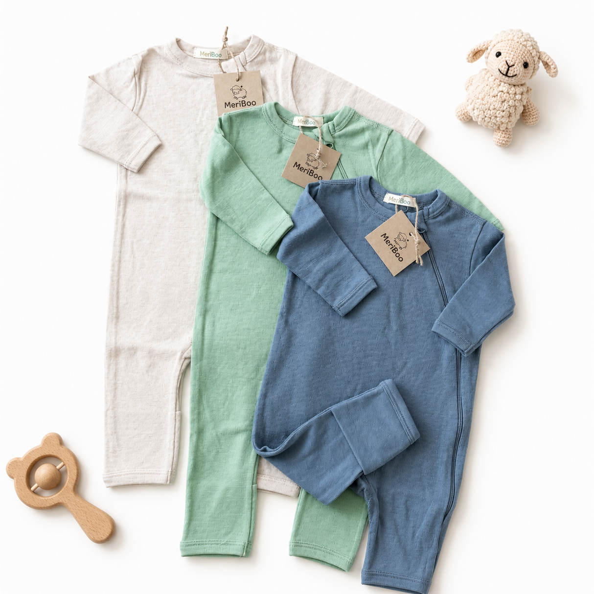 Set of 3 rompers made of 100% certified fine merino with a side zipper