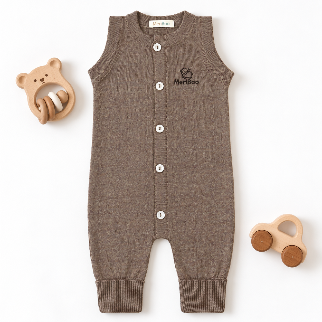 Sleeveless knitted romper made from 100% organic merino wool