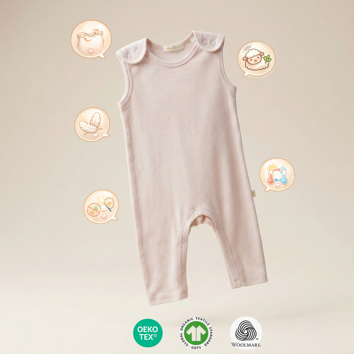 Salopetă (romper) din 100% lână merino fină organică, cu nasturi pe umeri