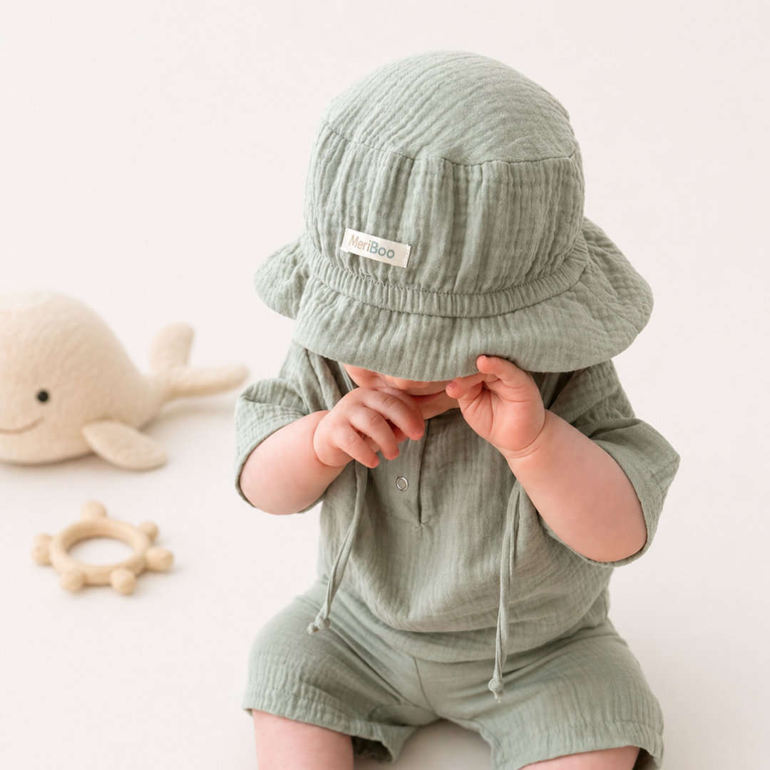 "Soft Breeze" hat made of 100% organic muslin with an extended back to protect the neck