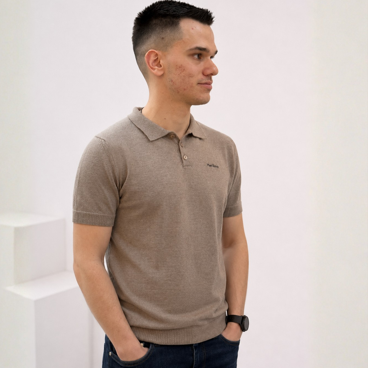 Pánsky pletený sveter s golierom z 100% organickej merino vlny