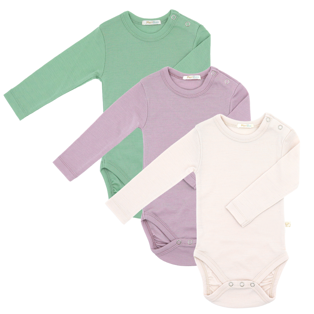 Set of 3 long-sleeved bodysuits with button-up neckline made from 100% certified fine merino wool